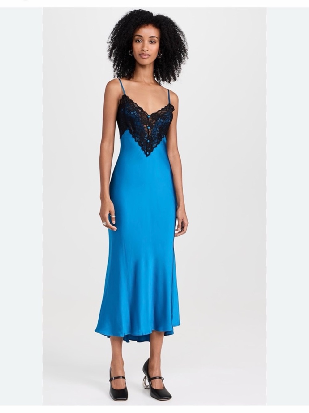 Blue Lace Trim Satin Slip Dress